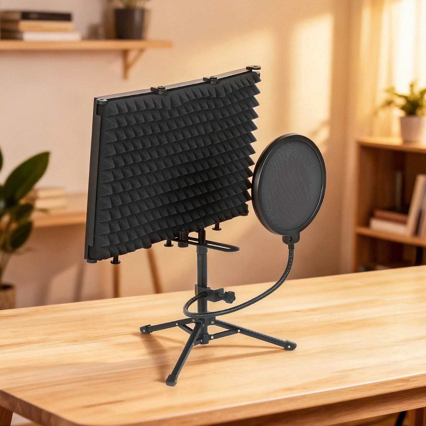 Foldable Studio Microphone Isolation Shield with Pop Filter & Stand, Black
