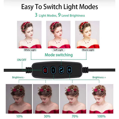 26CM Photography Lighting Vlog Youtube Fill Ring Light Lamp Live COOK Phone Ringlight Tripod Stand Photo Led Selfie Remote