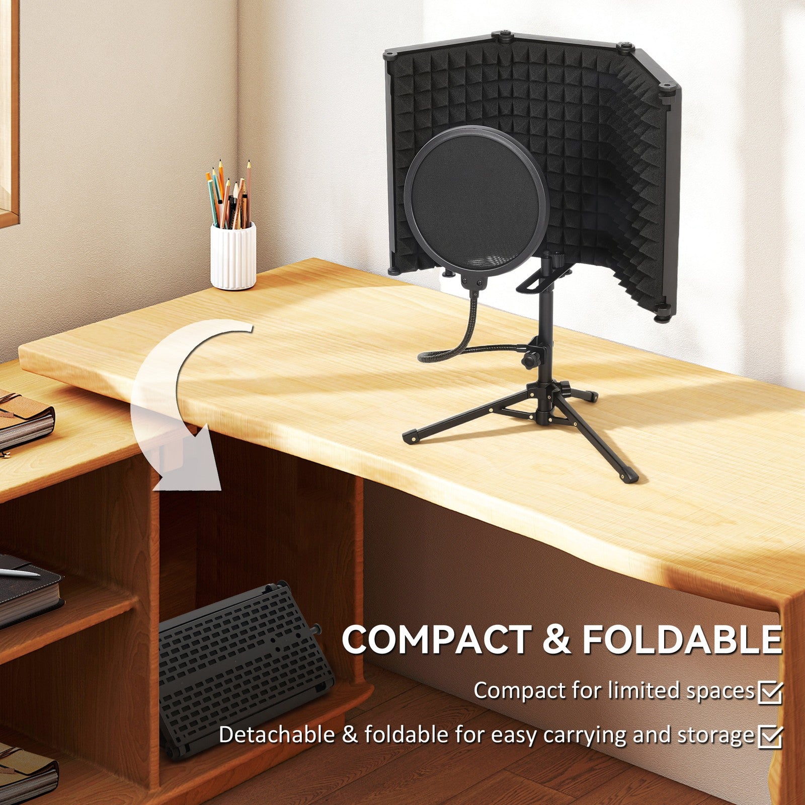 Foldable Studio Microphone Isolation Shield with Pop Filter & Stand, Black
