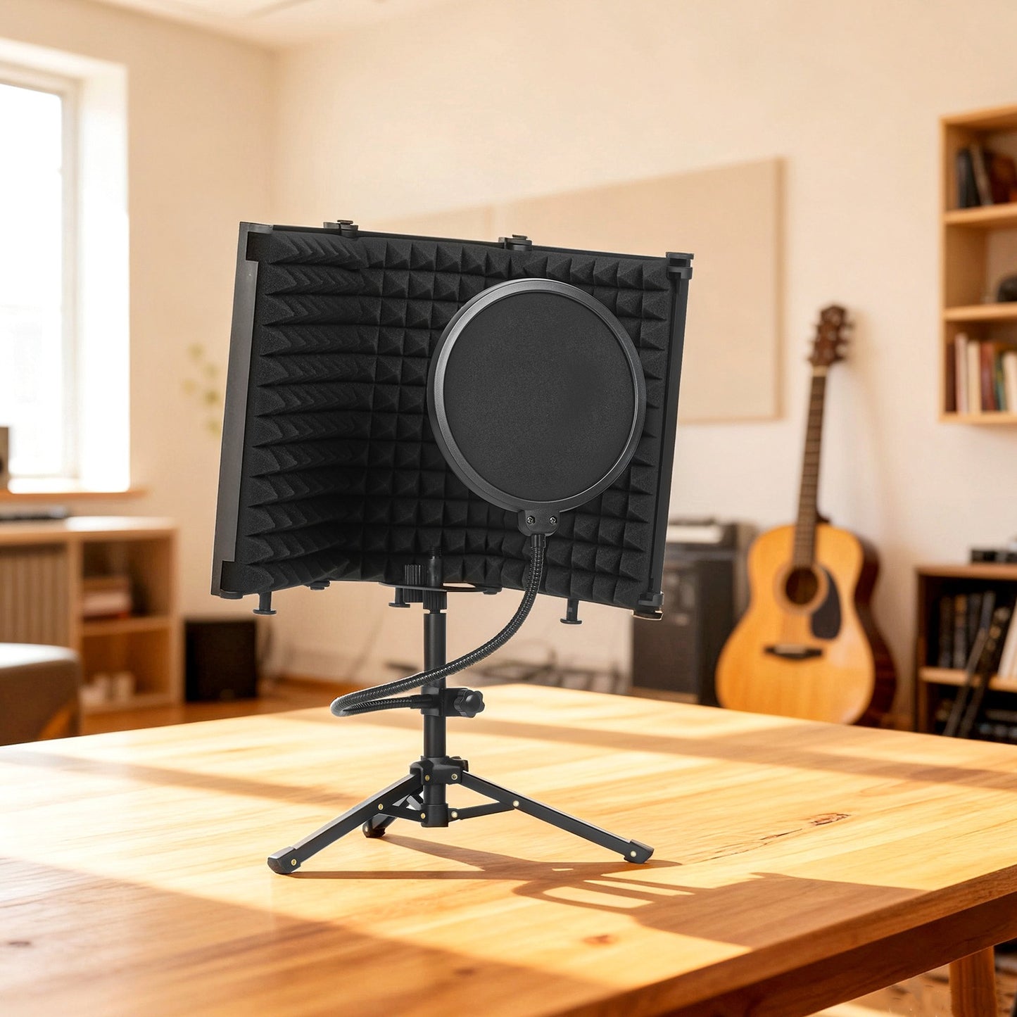 Foldable Studio Microphone Isolation Shield with Pop Filter & Stand, Black