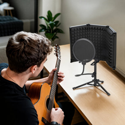 Foldable Studio Microphone Isolation Shield with Pop Filter & Stand, Black