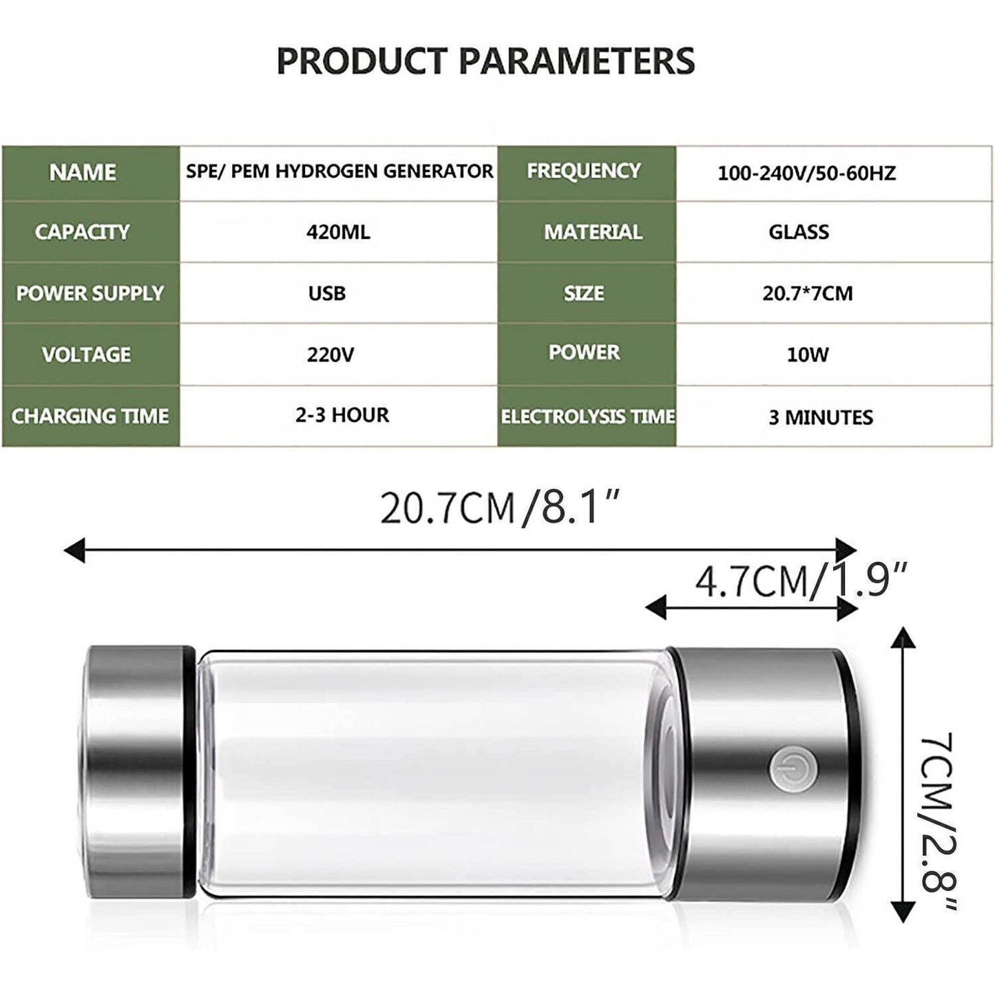 420ML Hydrogen-Rich Generator Alkaline Water Ionizer Bottle Cup Portable Maker