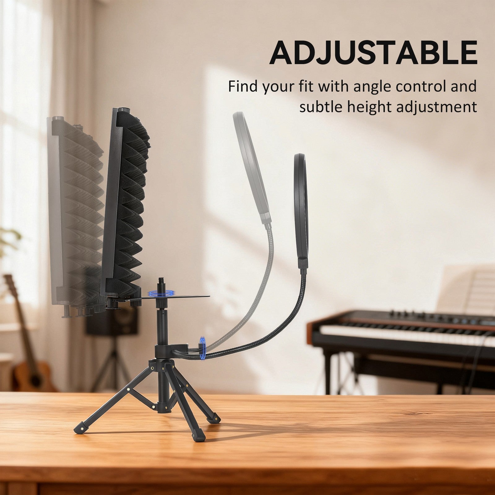 Foldable Studio Microphone Isolation Shield with Pop Filter & Stand, Black
