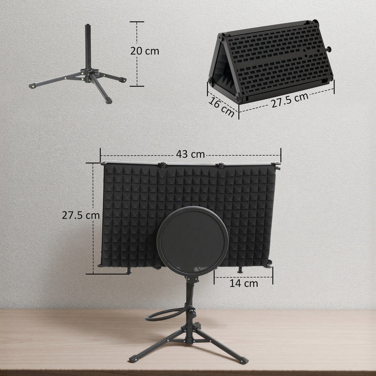 Foldable Studio Microphone Isolation Shield with Pop Filter & Stand, Black