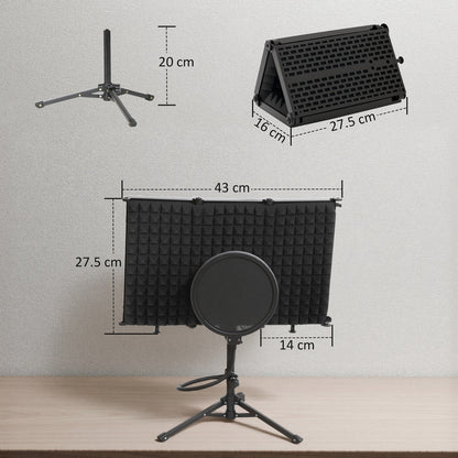 Foldable Studio Microphone Isolation Shield with Pop Filter & Stand, Black