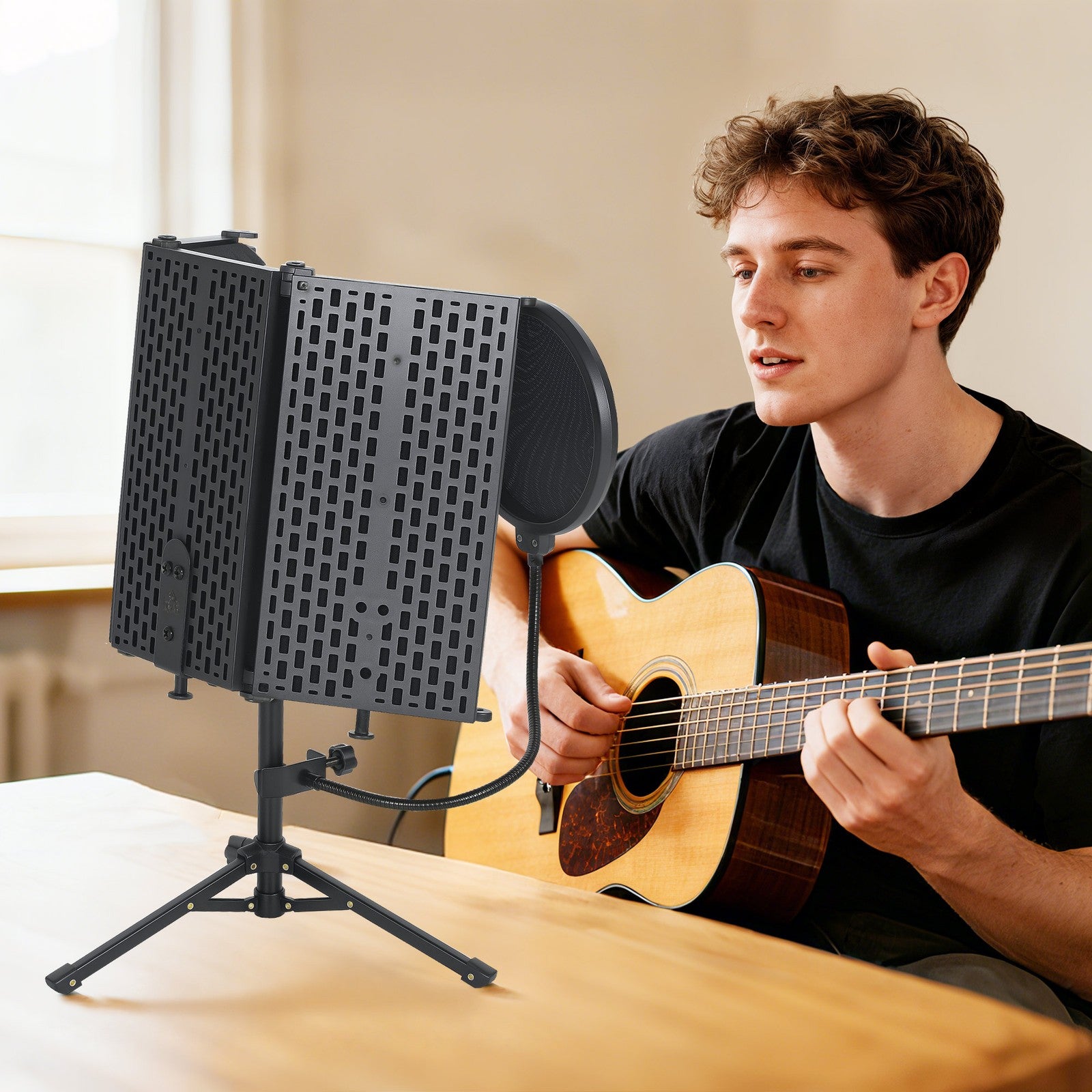 Foldable Studio Microphone Isolation Shield with Pop Filter & Stand, Black
