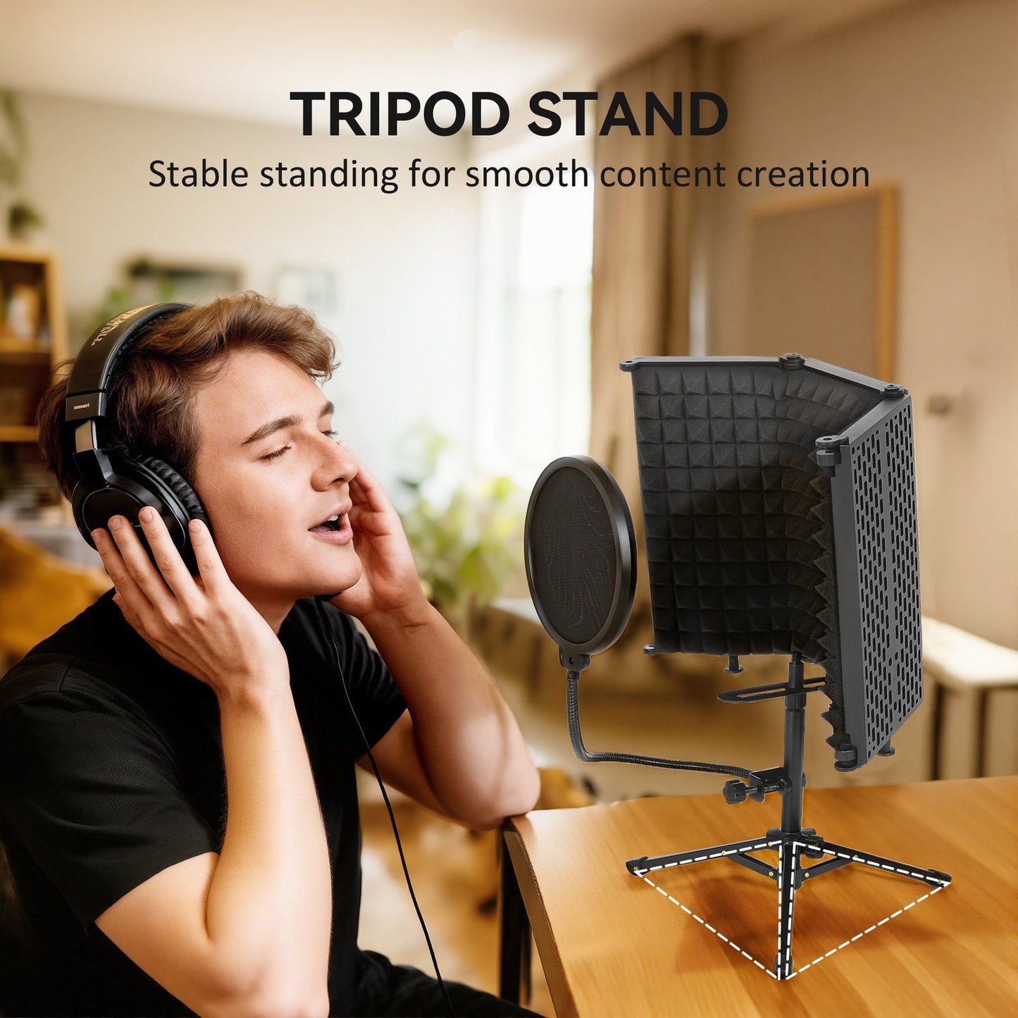 Foldable Studio Microphone Isolation Shield with Pop Filter & Stand, Black