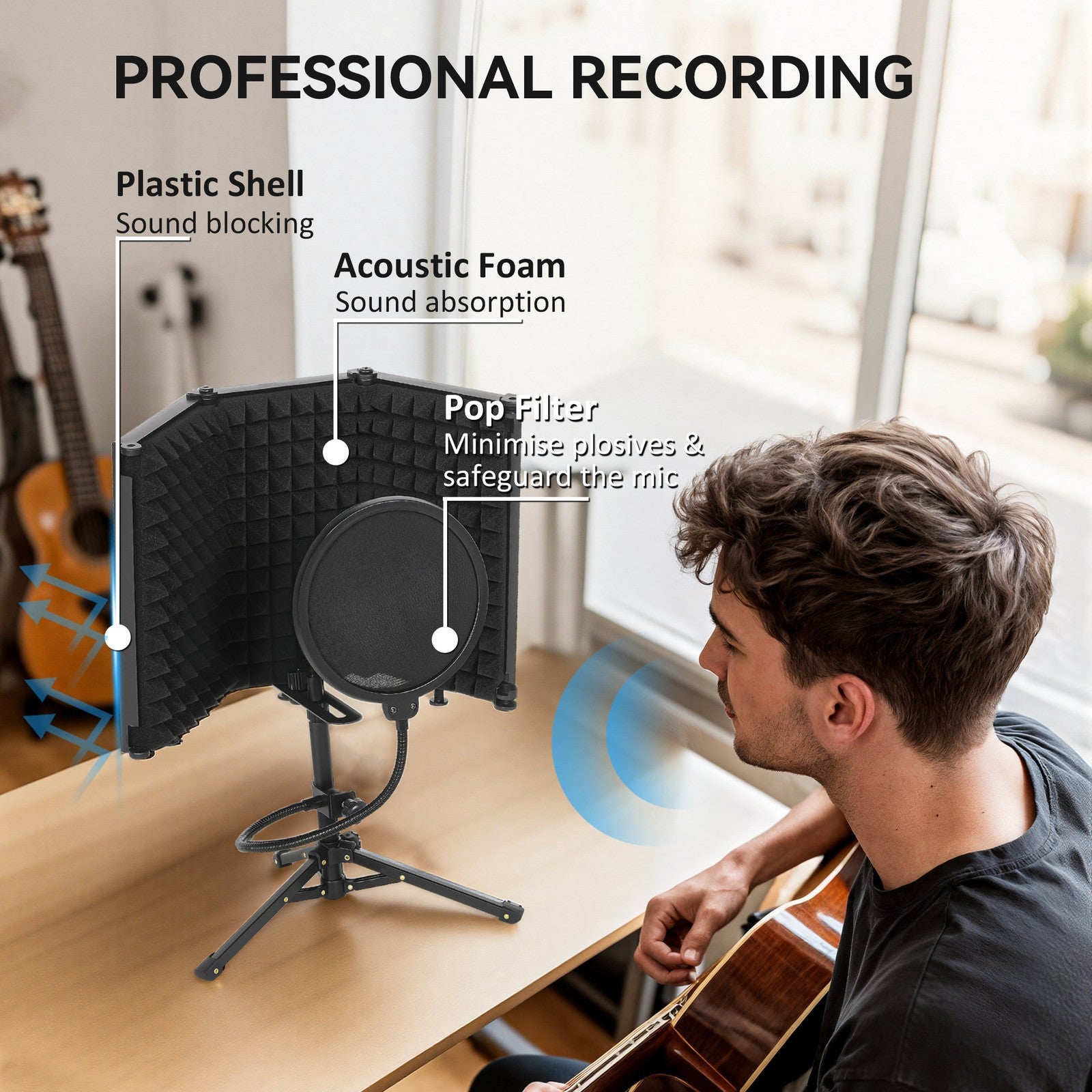 Foldable Studio Microphone Isolation Shield with Pop Filter & Stand, Black